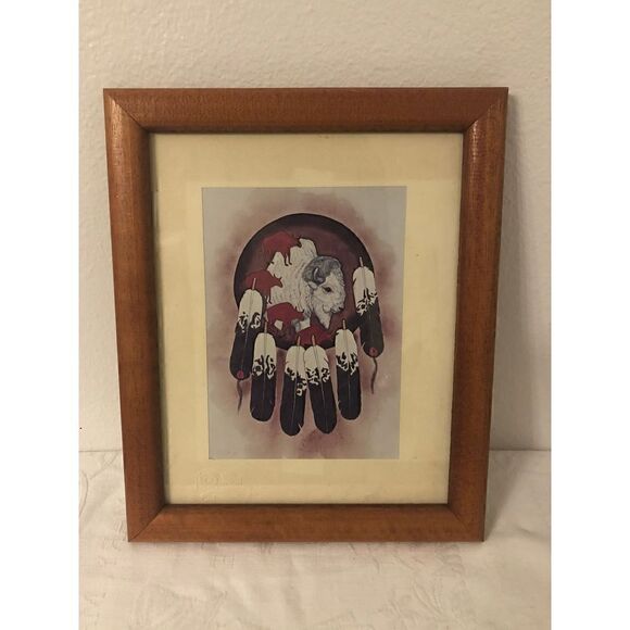 5/$15 SALE Wintercount Native American Framed Buffalo Bison Feather Wood Decor - Picture 1 of 12